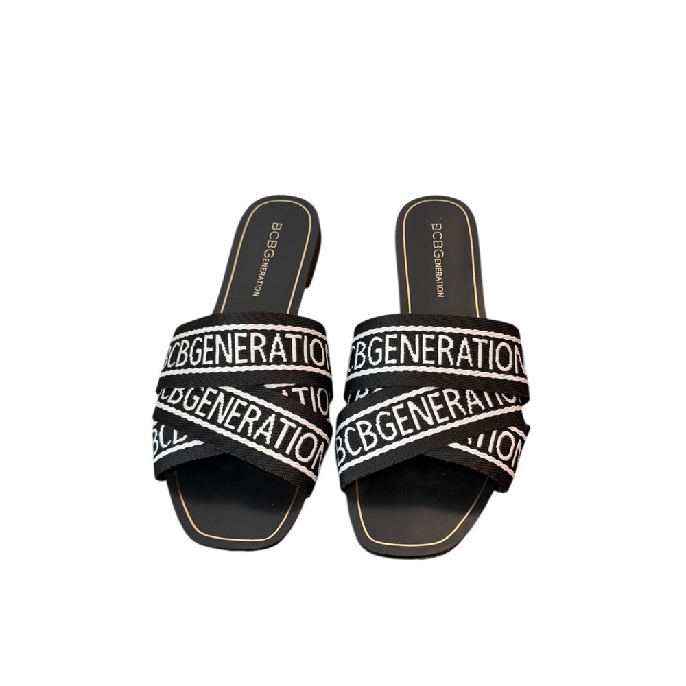 BCBGeneration Kala Black White Logo‎ Print Crisscross Slide Sandals 7.5 - NWOB